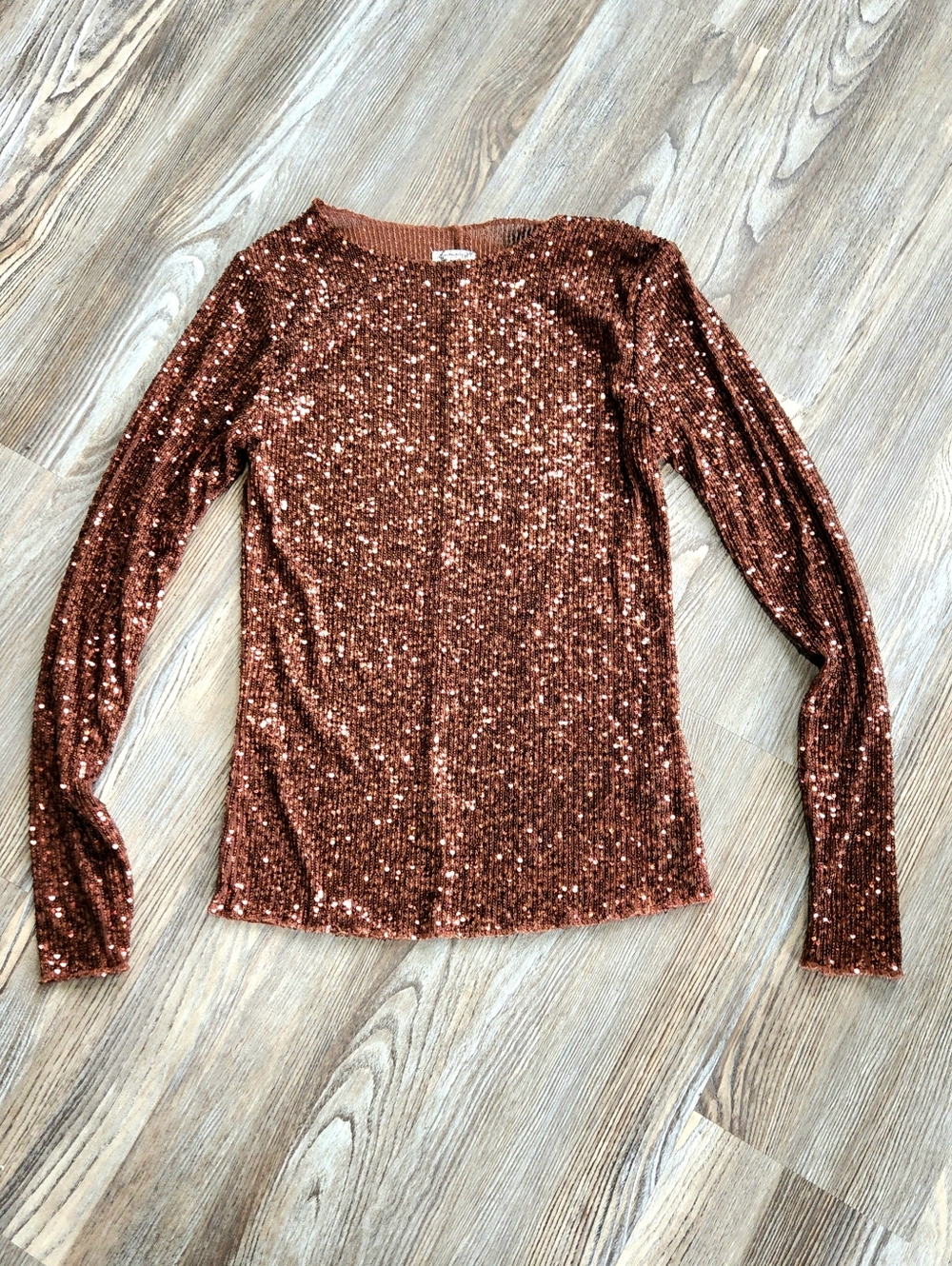 Intimately Free People Gold Rush Sequin Fitted Stretch Top Womens M Brown Crew